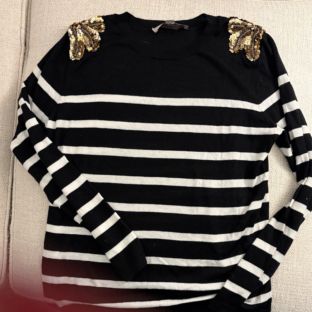 Loft black  and White Striped Sweater with Gold Sequin Detail